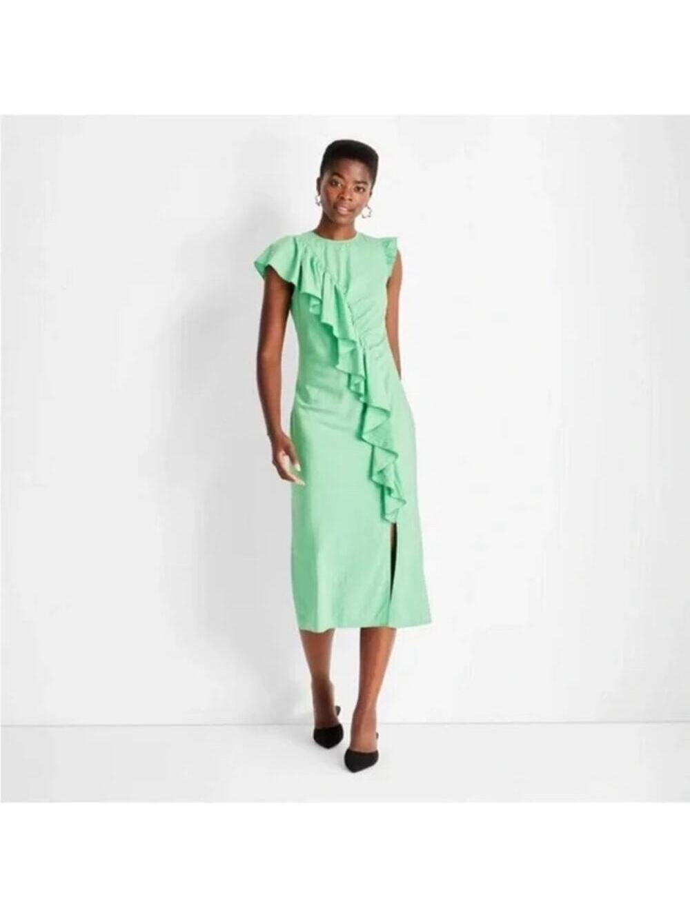 Future Collective NWT Women's Flutter Asymmetrical Ruffle Midi Dress Green S